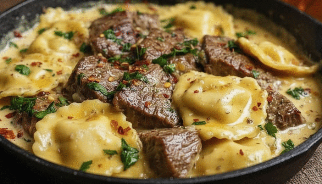 One Skillet Garlic Butter Steak and Cheese Ravioli Recipe
