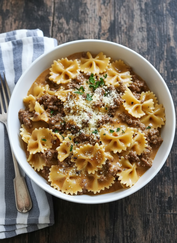 Creamy Parmesan Garlic Beef Bowtie Pasta Recipe