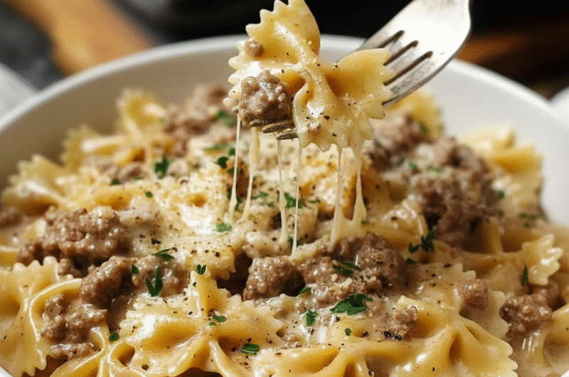 Creamy Parmesan Garlic Beef Bowtie Pasta Recipe