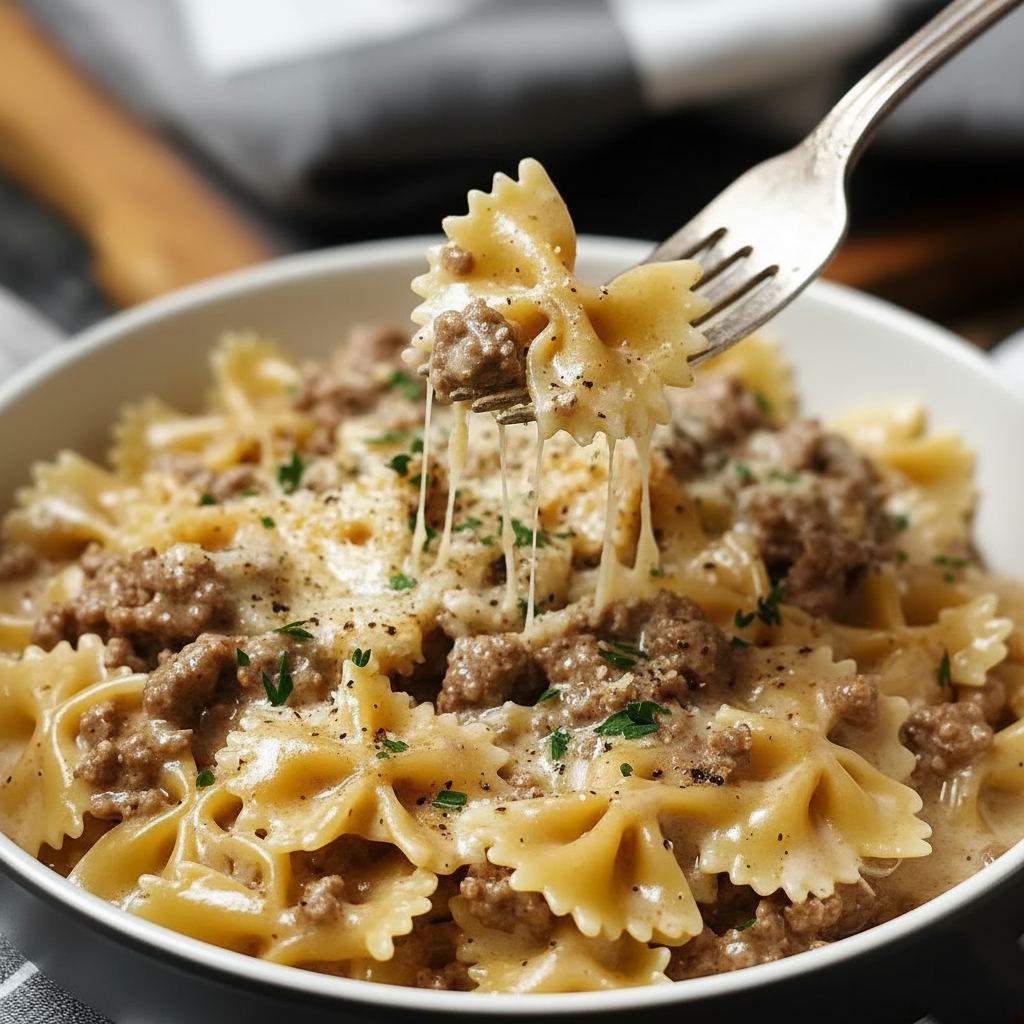 Creamy Parmesan Garlic Beef Bowtie Pasta Recipe