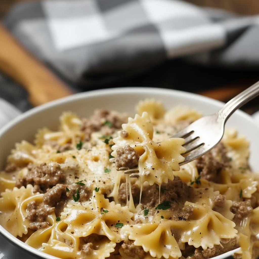 Creamy Parmesan Garlic Beef Bowtie Pasta Recipe