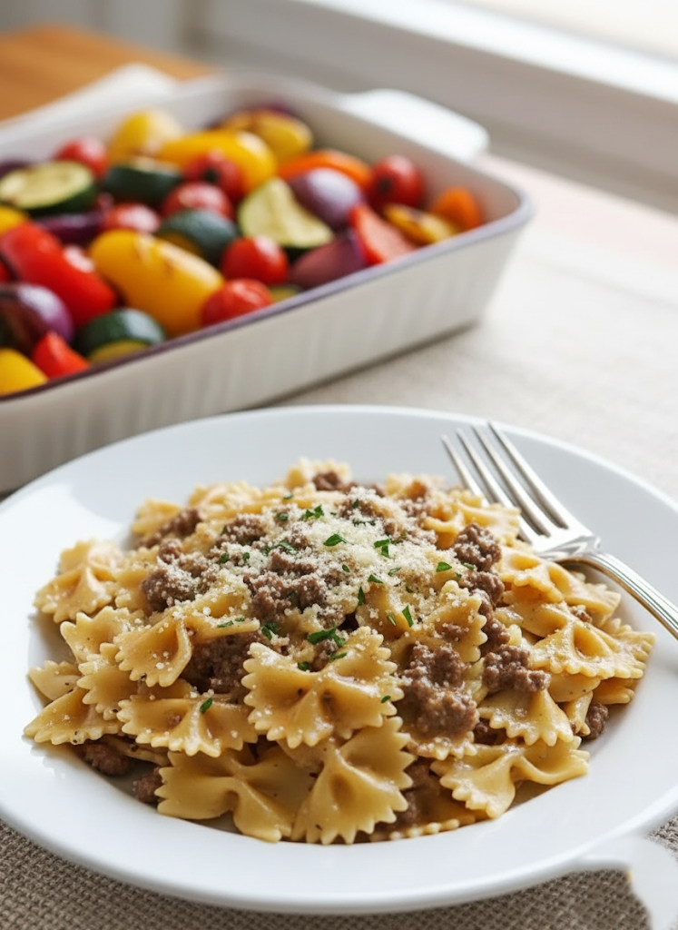 Creamy Parmesan Garlic Beef Bowtie Pasta Recipe