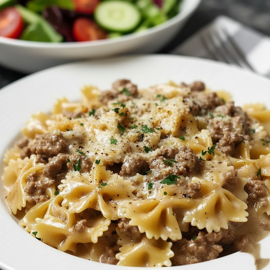 Creamy Parmesan Garlic Beef Bowtie Pasta Recipe