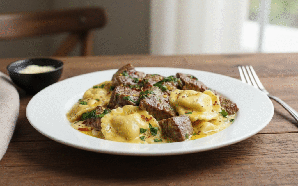 One Skillet Garlic Butter Steak and Cheese Ravioli Recipe