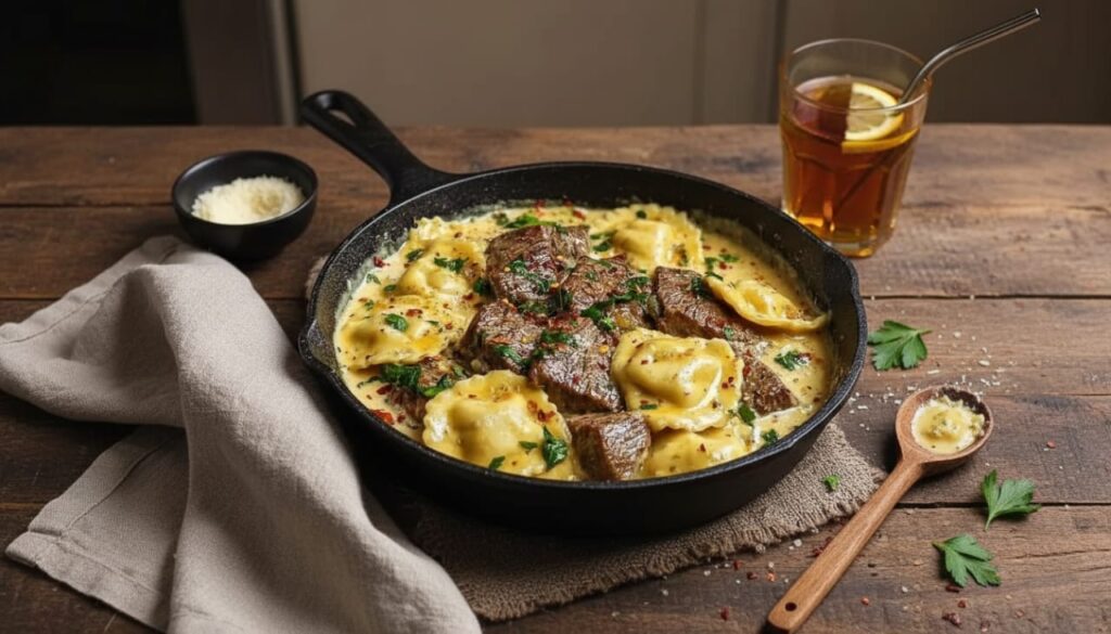 One Skillet Garlic Butter Steak and Cheese Ravioli Recipe