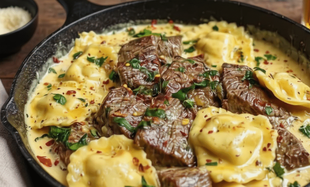 One Skillet Garlic Butter Steak and Cheese Ravioli Recipe