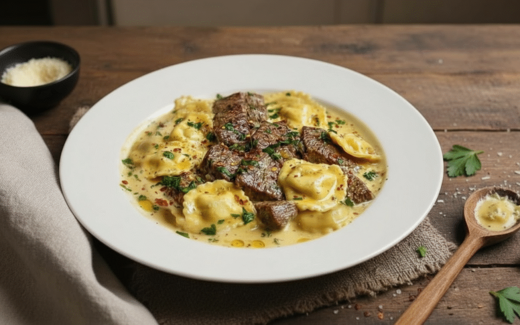 One Skillet Garlic Butter Steak and Cheese Ravioli 