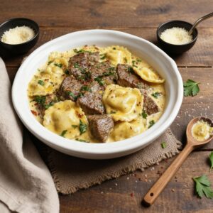 One Skillet Garlic Butter Steak and Cheese Ravioli Recipe