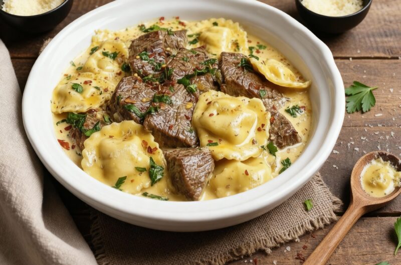 One Skillet Garlic Butter Steak and Cheese Ravioli Recipe