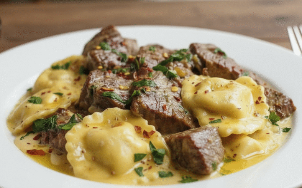 One Skillet Garlic Butter Steak and Cheese Ravioli Recipe