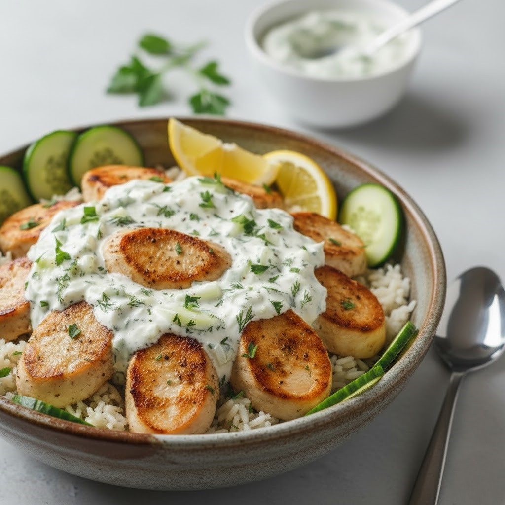 Dump-and-Bake Chicken Tzatziki with Rice Recipe