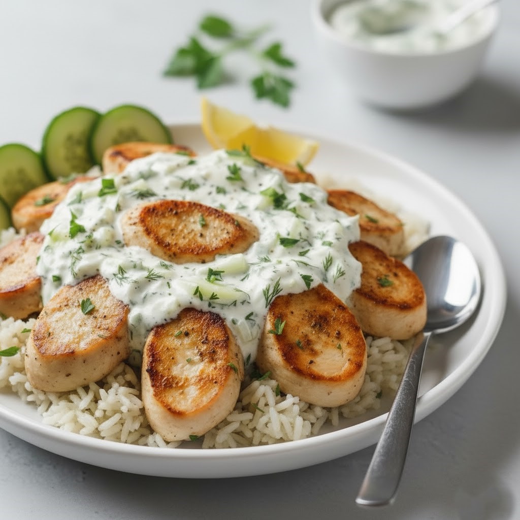 Dump-and-Bake Chicken Tzatziki with Rice Recipe