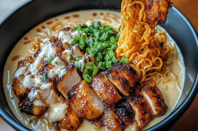 Fiery Chicken Ramen with Creamy Garlic Sauce