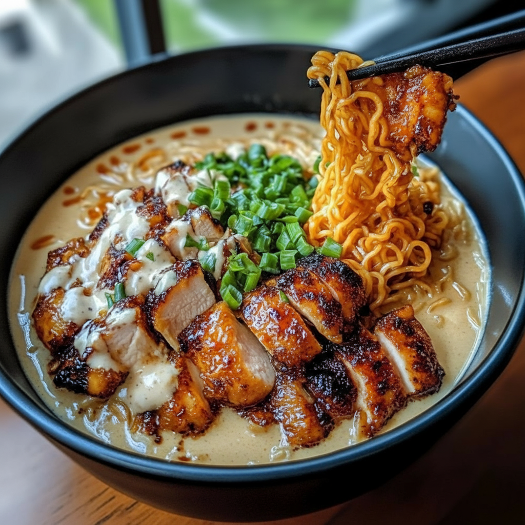 Fiery Chicken Ramen with Creamy Garlic Sauce