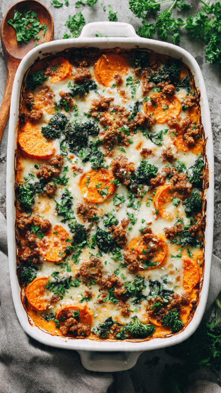 Ground Turkey Sweet Potato Bake with Broccoli